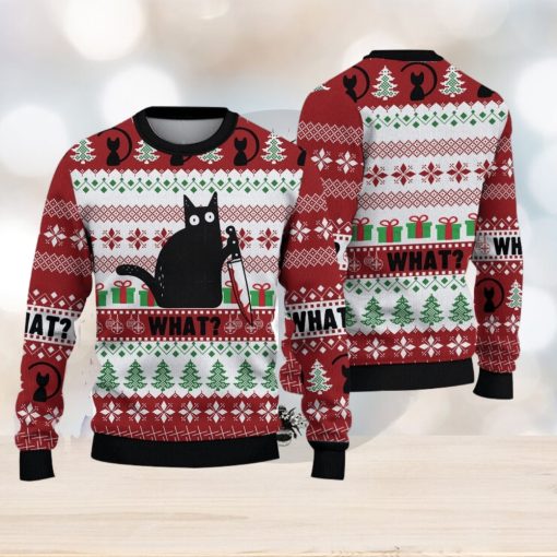 Funny Black Cat Christmas Gift For Holiday Black Cat What 3D Ugly Christmas Sweater