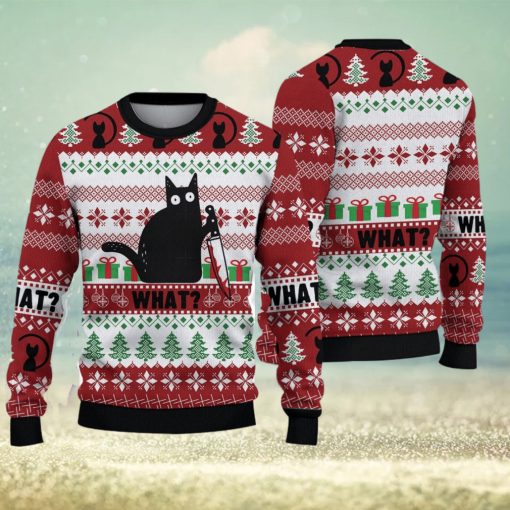 Funny Black Cat Christmas Gift For Holiday Black Cat What 3D Ugly Christmas Sweater