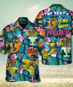 Funny Parrot Drinking Cocktails The Beach Is My Happy Place Palm Leaves Pattern Hawaiian Shirt