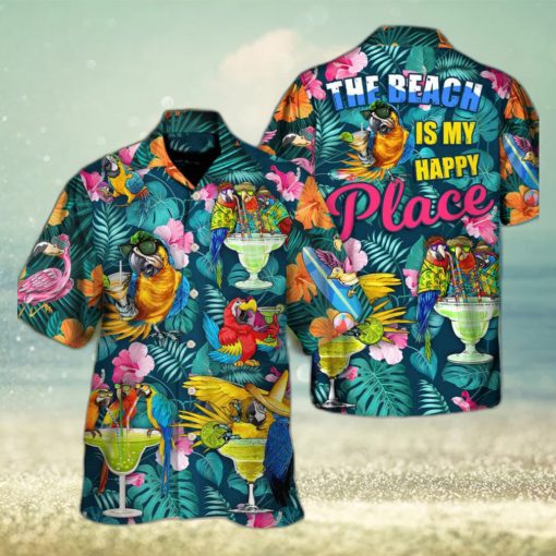 Funny Parrot Drinking Cocktails The Beach Is My Happy Place Palm Leaves Pattern Hawaiian Shirt