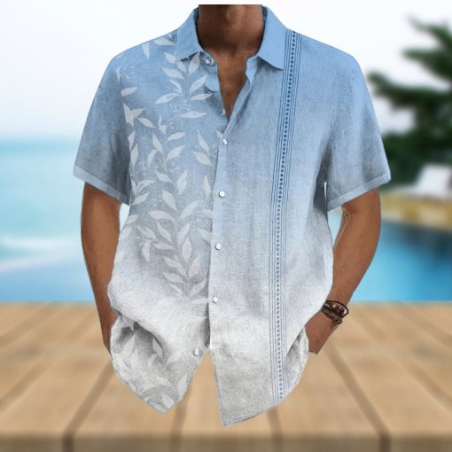 Gradient Style Leaf Print Men s Casual Short Sleeve Hawaiian Shirt  Men s Shirt For Summer Vacation Resort  Tops For Men  Gift For Men