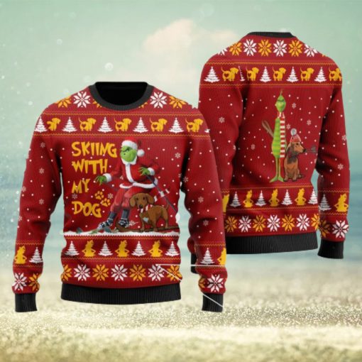 Grinch And Dachshund Skiing With My Dog For Dachshund Lovers Ugly Sweater 3D At Christmas