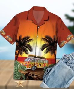 Hippie Bus Under Sunset Palm Tree Beach Themed Pattern Hawaiian Shirt