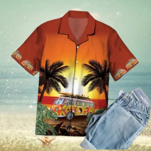 Hippie Bus Under Sunset Palm Tree Beach Themed Pattern Hawaiian Shirt