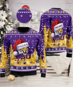 LSU Tigers NCAA Santa Claus Hat Ho Ho Ho 3D Custom Name Ugly Christmas Sweater