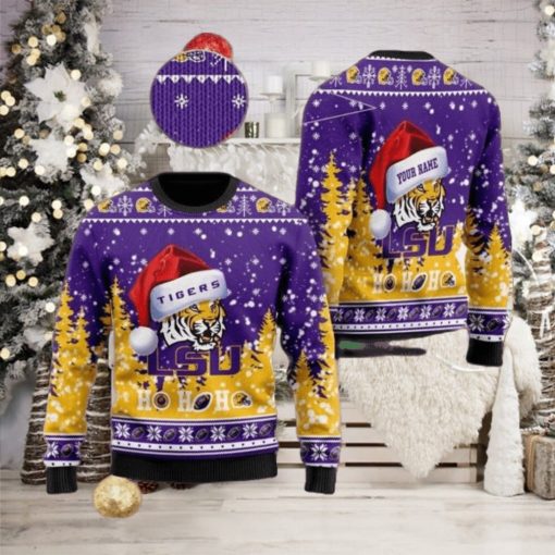 LSU Tigers NCAA Santa Claus Hat Ho Ho Ho 3D Custom Name Ugly Christmas Sweater