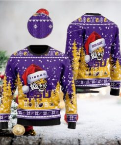 LSU Tigers NCAA Santa Claus Hat Ho Ho Ho 3D Custom Name Ugly Christmas Sweater