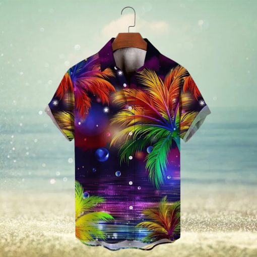 Men s Hawaiian Coconut Tree Sunset Landscape Vacation Button Down Shirt  Plus Size Trendy Tee