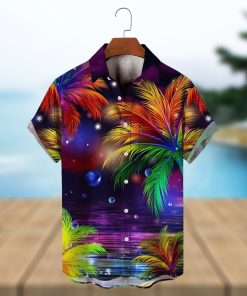 Men s Hawaiian Coconut Tree Sunset Landscape Vacation Button Down Shirt  Plus Size Trendy Tee