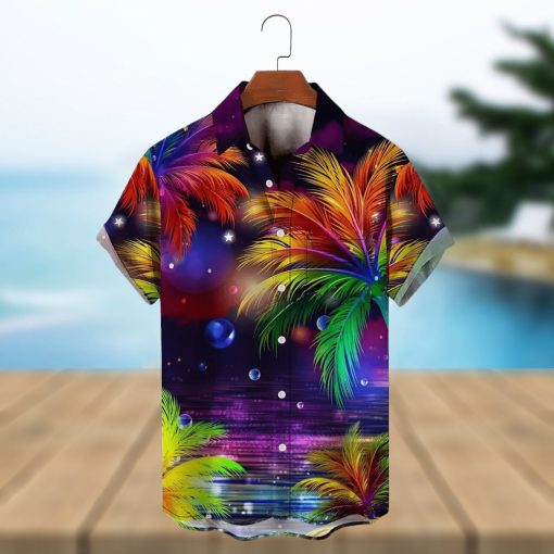 Men s Hawaiian Coconut Tree Sunset Landscape Vacation Button Down Shirt  Plus Size Trendy Tee