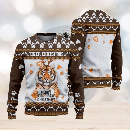 Merry Tiger Paw Ugly Christmas Sweater Knitted Gift For Men And Women