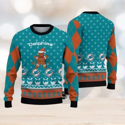 Miami Dolphins Christmas Gingerbread Man Knitted Ugly Christmas Sweater AOP Gift For Men And Women