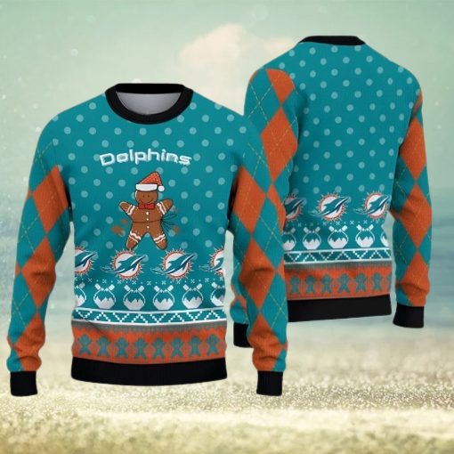 Miami Dolphins Christmas Gingerbread Man Knitted Ugly Christmas Sweater AOP Gift For Men And Women