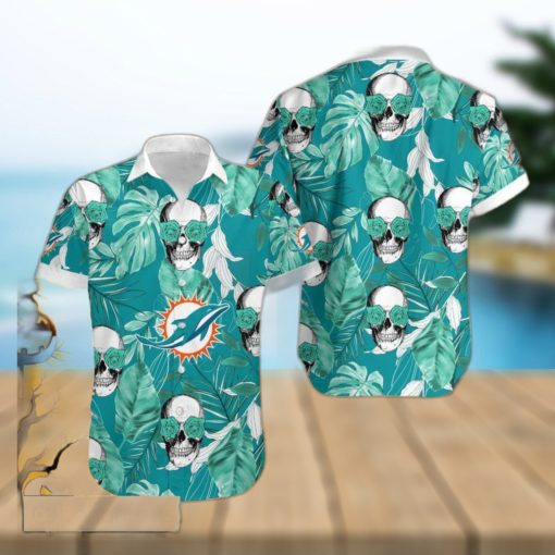 Miami Dolphins Coconut Leaves Skull With Rose Eyes Halloween Hawaiian Shirt