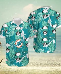 Miami Dolphins Coconut Leaves Skull With Rose Eyes Halloween Hawaiian Shirt