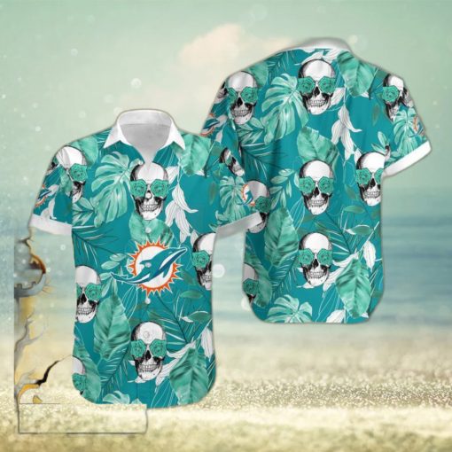 Miami Dolphins Coconut Leaves Skull With Rose Eyes Halloween Hawaiian Shirt