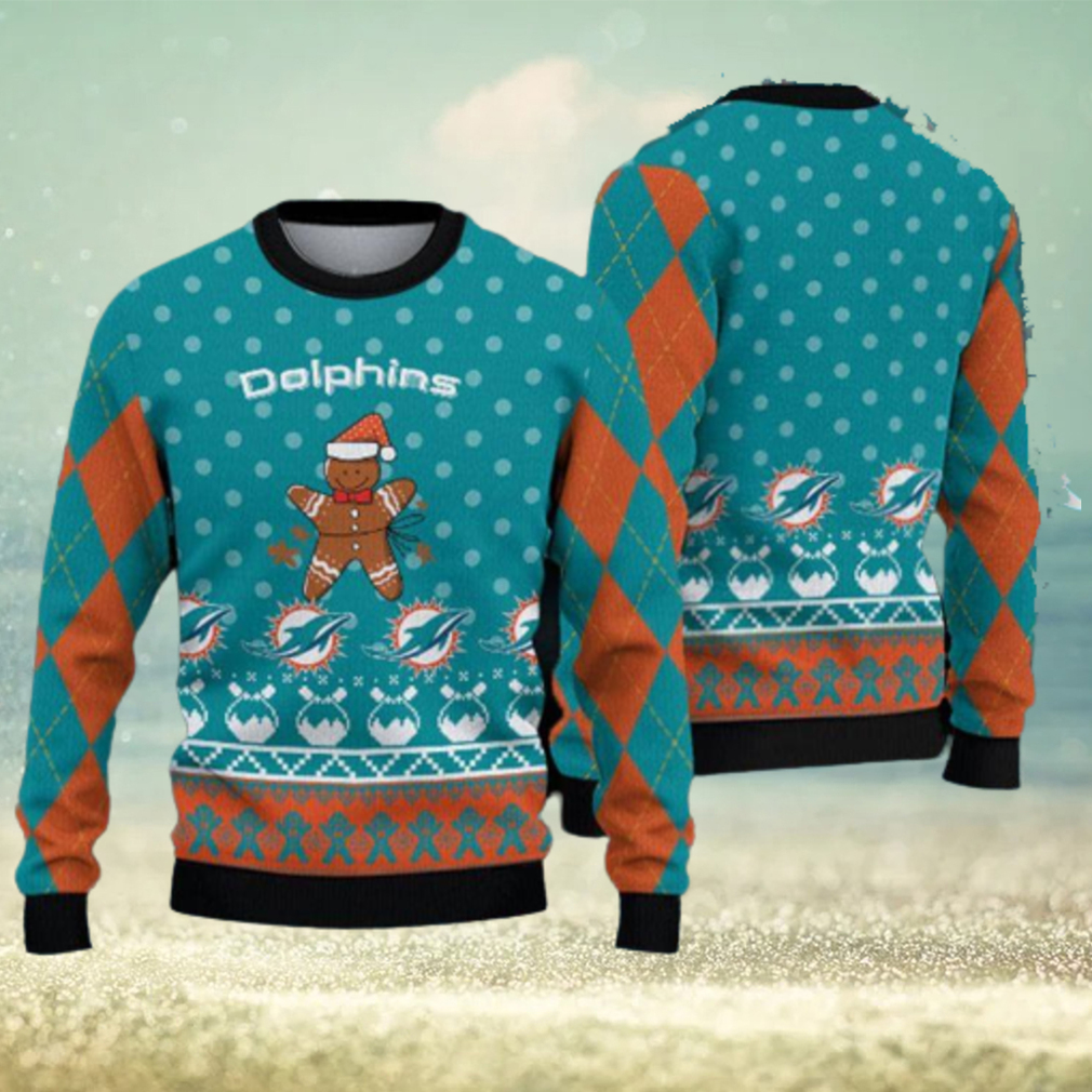 Miami Dolphins Fans Gingerbread Man Ugly Christmas Sweater Gift - Limotees