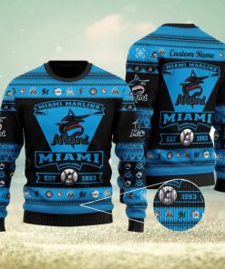 Miami Marlins Football Team Logo Ugly Christmas Sweater Custom Name Christmas For Fans