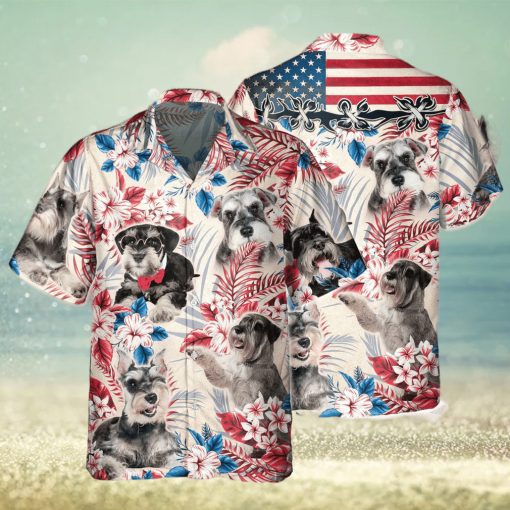 Miniature Schnauzer Dog United States Flag Hawaiian Flowers All Over Printed 3D Hawaiian Shirt