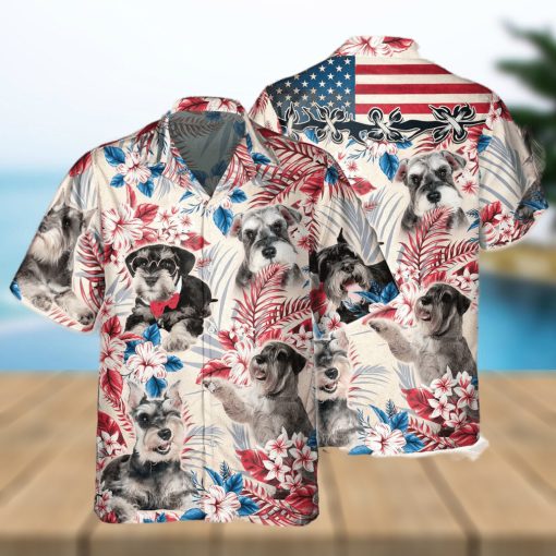 Miniature Schnauzer Dog United States Flag Hawaiian Flowers All Over Printed 3D Hawaiian Shirt