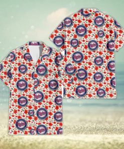 Minnesota Twins Tiny Red Hibiscus Green Leaf White Cube Background 3D Hawaiian Shirt Gift For Fans