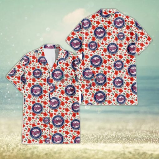 Minnesota Twins Tiny Red Hibiscus Green Leaf White Cube Background 3D Hawaiian Shirt Gift For Fans