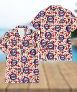 Minnesota Twins Tiny Red Hibiscus Green Leaf White Cube Background 3D Hawaiian Shirt Gift For Fans