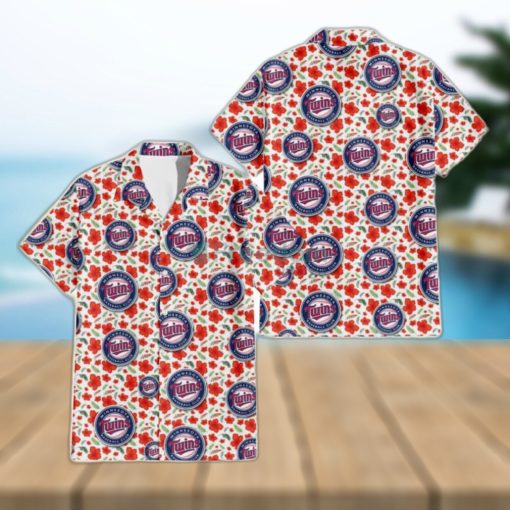 Minnesota Twins Tiny Red Hibiscus Green Leaf White Cube Background 3D Hawaiian Shirt Gift For Fans