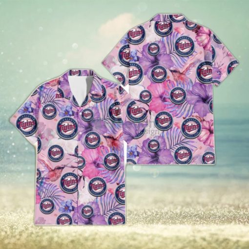 Minnesota Twins White Purple Hibiscus Pink Hummingbird Pink Background 3D Hawaiian Shirt Gift For Fans