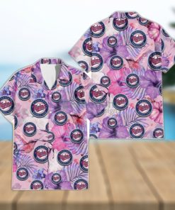 Minnesota Twins White Purple Hibiscus Pink Hummingbird Pink Background 3D Hawaiian Shirt Gift For Fans