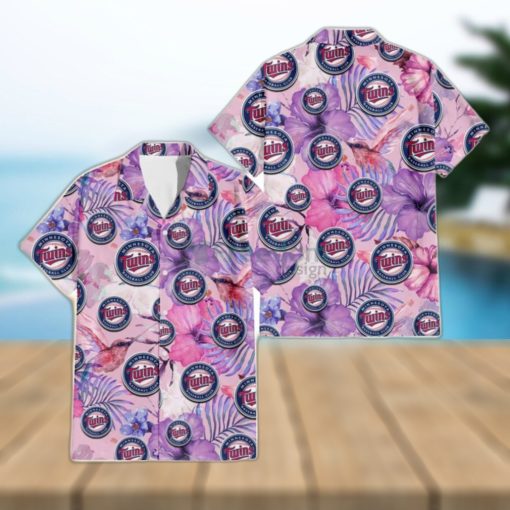 Minnesota Twins White Purple Hibiscus Pink Hummingbird Pink Background 3D Hawaiian Shirt Gift For Fans