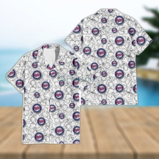 Minnesota Twins White Sketch Hibiscus Pattern White Background 3D Hawaiian Shirt Gift For Fans