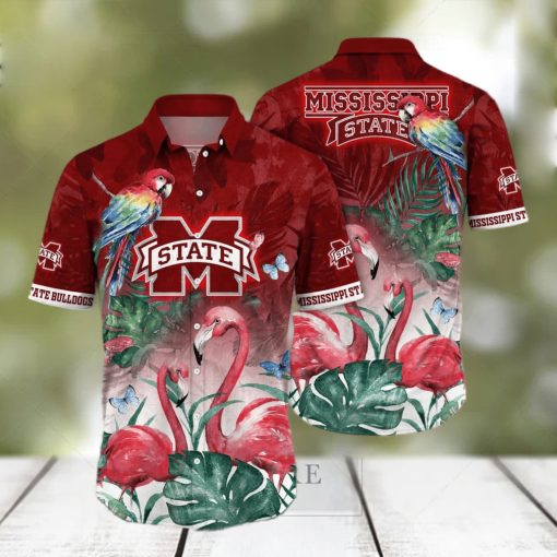 NCAA Mississippi State Bulldogs Hawaiian Shirt Pink Flamingo And Palm Leaves Beach Gift For Him