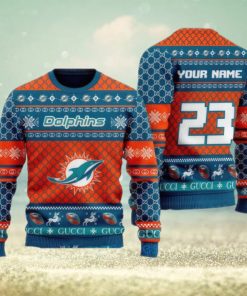 NFL Miami Dolphins Custom Name And Number Ugly Christmas Sweater Christmas Gift For Sport Team