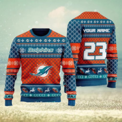 NFL Miami Dolphins Custom Name And Number Ugly Christmas Sweater Christmas Gift For Sport Team