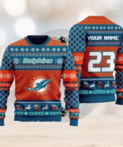 Custom Name And Number Miami Dolphins Ugly Christmas Sweater