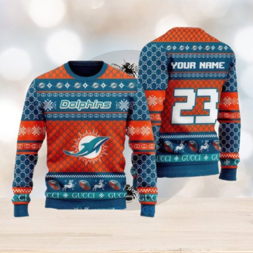 NFL Miami Dolphins Custom Name And Number Ugly Christmas Sweater Christmas Gift For Sport Team