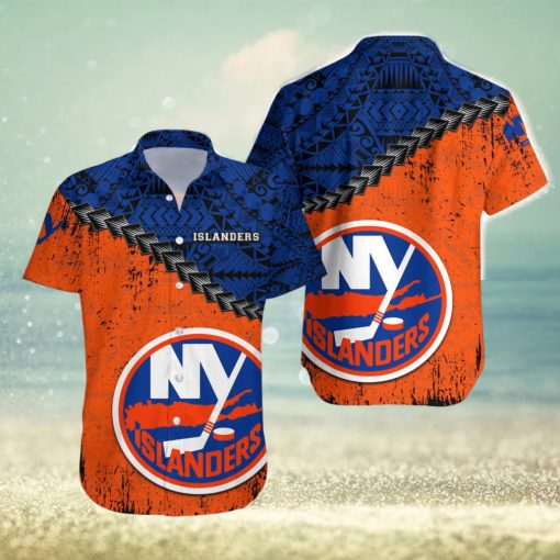 New York Islanders Nhl Grunge Polynesian Tattoo Pattern Hawaiian Shirt For Fans