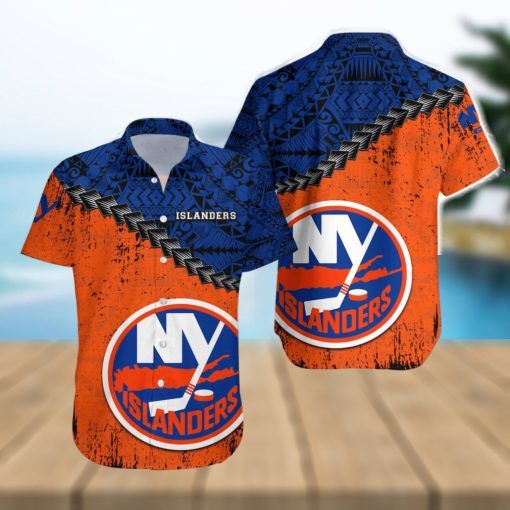 New York Islanders Nhl Grunge Polynesian Tattoo Pattern Hawaiian Shirt For Fans