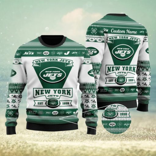 New York Jets Football Team Logo Ugly Christmas Sweater Custom Name Christmas For Fans