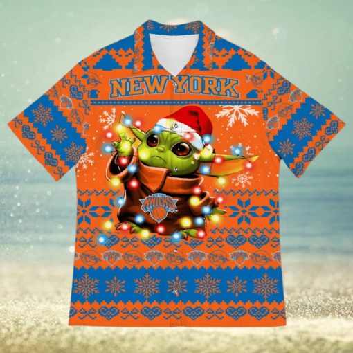 New York Knicks Baby Yoda Star Wars Sports Football Ugly Christmas Sweater Pattern 3D Hawaiian Shirt Christmas Gift