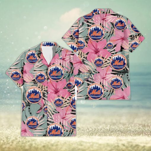 New York Mets Light Pink Hibiscus Pale Green Leaf Black Background 3D Hawaiian Shirt Gift For Fans