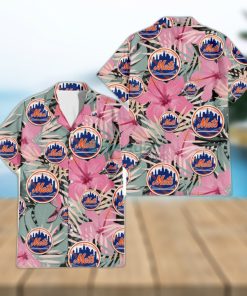 New York Mets Light Pink Hibiscus Pale Green Leaf Black Background 3D Hawaiian Shirt Gift For Fans