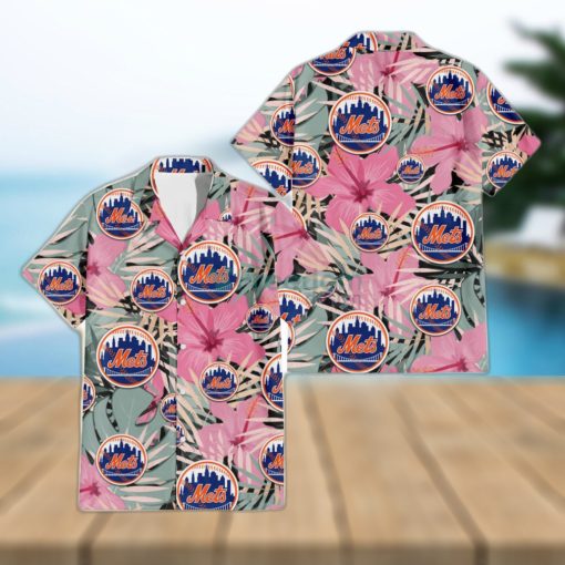 New York Mets Light Pink Hibiscus Pale Green Leaf Black Background 3D Hawaiian Shirt Gift For Fans