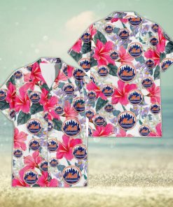 New York Mets Red Hibiscus Green Leaf Dark Background 3D Hawaiian Shirt  Gift For Fans - Freedomdesign