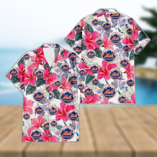 New York Mets Pink Hibiscus White Orchid White Background 3D Hawaiian Shirt Gift For Fans