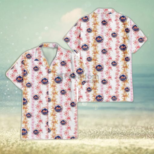 New York Mets Pink Hibiscus Yellow Pink Orchid White Background 3D Hawaiian Shirt Gift For Fans