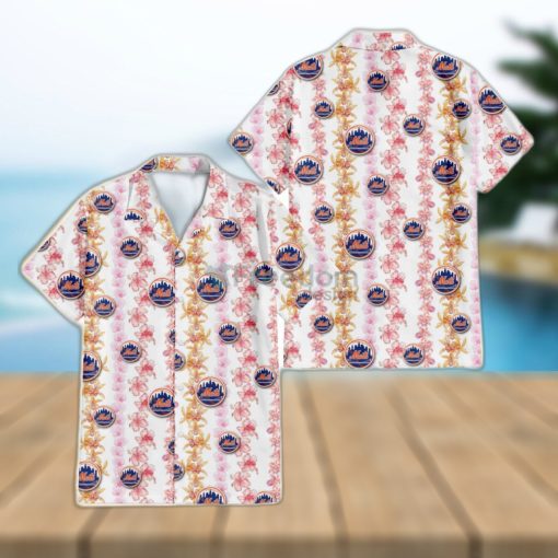 New York Mets Pink Hibiscus Yellow Pink Orchid White Background 3D Hawaiian Shirt Gift For Fans