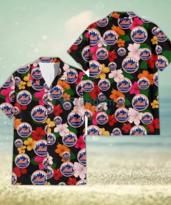 New York Mets Pink Orange Yellow White Hibiscus Black Background 3D Hawaiian Shirt Gift For Fans