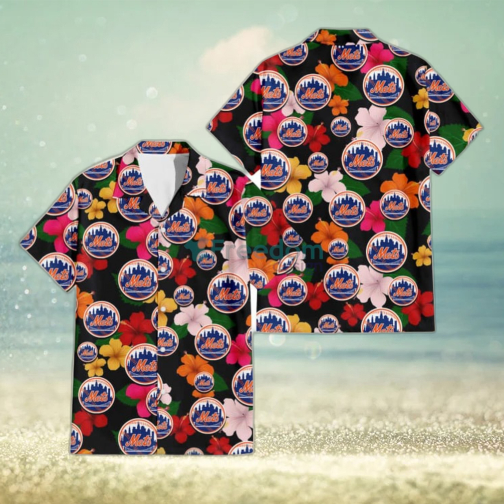 New York Mets Pink Orange Yellow White Hibiscus Black Background 3D  Hawaiian Shirt Gift For Fans - Limotees
